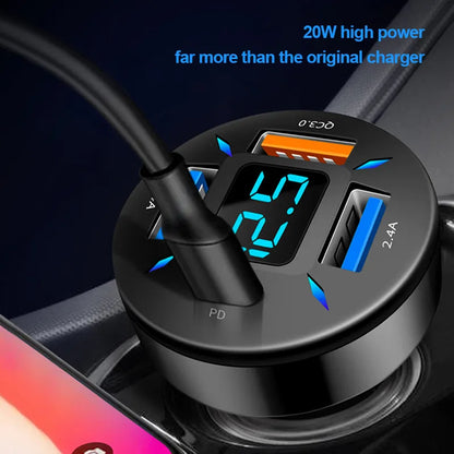 Cargador de coche de carga rápida, adaptador de encendedor de cigarrillos, 4 puertos USB A + USB C, cargador de teléfono para iPhone, Xiaomi, Samsung, 66W